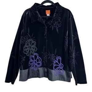 Hearts of Palm Shirt Womens XL Black Purple Velour Floral Button Front Satin Hem
